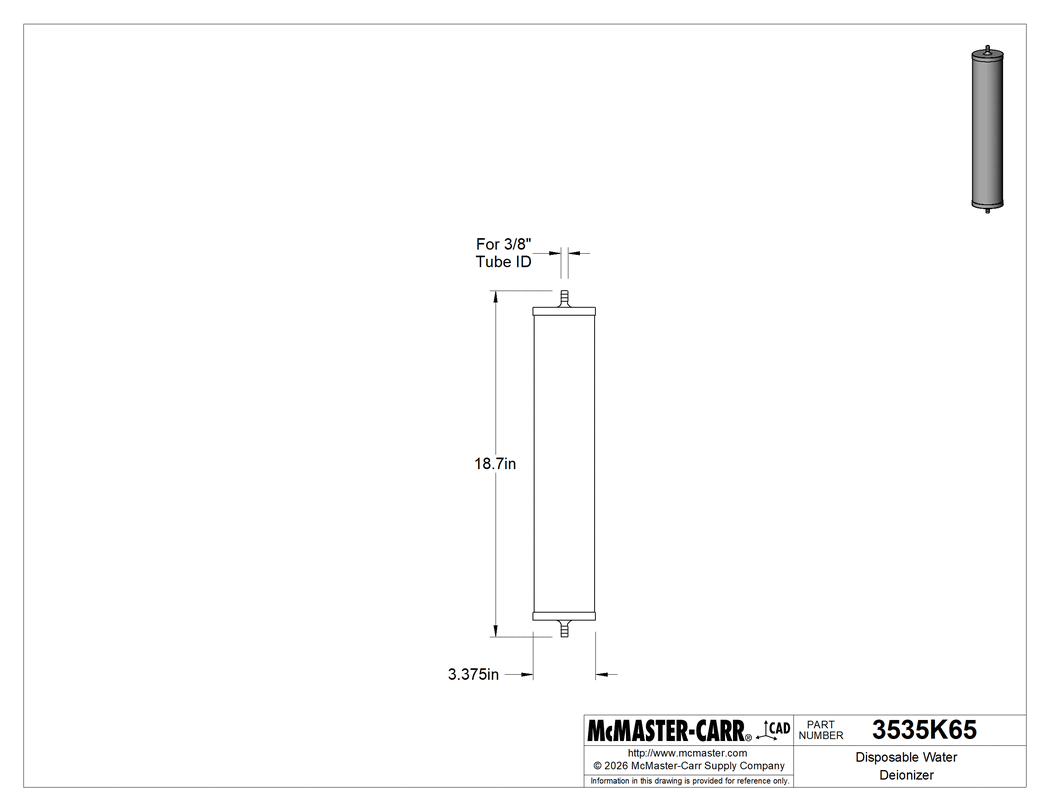 Technical Drawing of Disposable Water Deionizer, 50000 Ohms Water Resistivity.